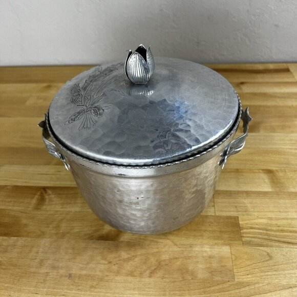 Vintage Mid Century Ice Bucket MCM TULIP Hammered Aluminum Lid Tongs Set - Picture 2 of 11